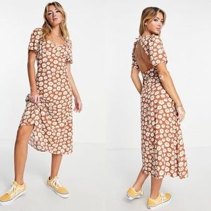 ASOS Monki Midi Tea Dress in Brown Retro Floral Print NWT